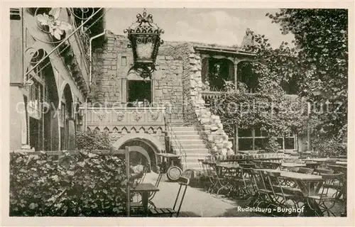 AK / Ansichtskarte Rudelsburg Burghof Gaststaette Terrasse Rudelsburg