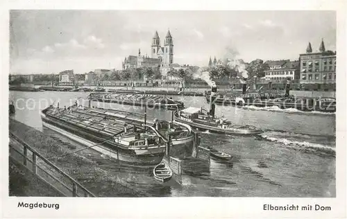 AK / Ansichtskarte Magdeburg Elbansicht mit Dom Frachtkahn Dampfer Binnenschiffahrt Magdeburg