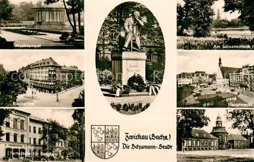 AK / Ansichtskarte Zwickau__Sachsen Musiktempel Ringkaffee Bergbau Fachschule Robert Schumann Denkmal Schwanenteich Hauptmarkt Museum Wappen 