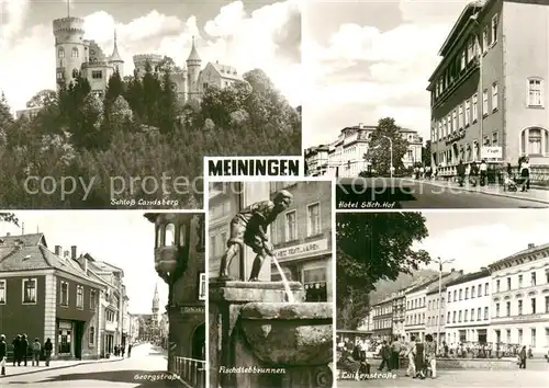 AK / Ansichtskarte Meiningen_Thueringen Schloss Landsberg Hotel Saechsischer Hof Georgstrasse Fischdiebbrunnen Luisenstrasse Meiningen Thueringen