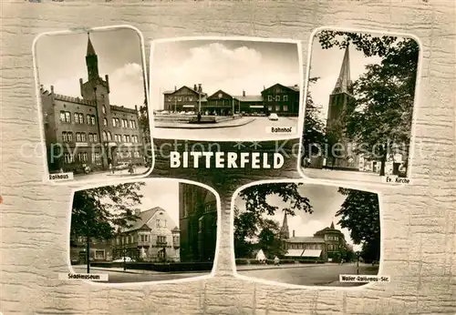 AK / Ansichtskarte Bitterfeld Rathaus Bahnhof Ev Kirche Stadtmuseum Walter Rathenau Strasse Bitterfeld