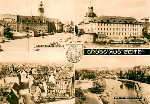 AK / Ansichtskarte Zeitz Rathaus am Friedensplatz Moritzburg Rathausturm Karl Marx Bruecke Zeitz