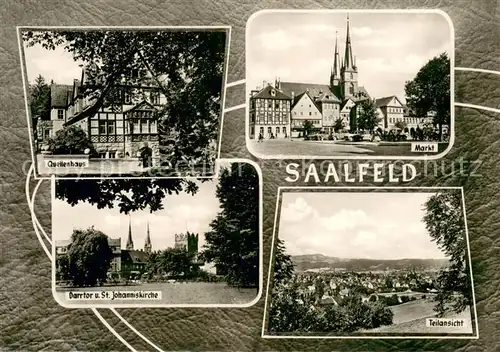 AK / Ansichtskarte Saalfeld_Saale Quellenhaus Markt Darrtor und St Johanniskirche Panorama Saalfeld_Saale