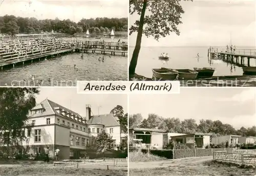 AK / Ansichtskarte Arendsee_Altmark Schwimmbad Seebruecke Kurhaus Bungalows Arendsee Altmark