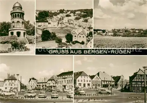 AK / Ansichtskarte Bergen_Ruegen Ernst Moritz Arndt Turm Karl Marx Platz Panorama  Bergen Ruegen