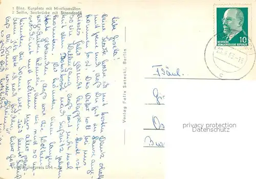 AK / Ansichtskarte Binz_Ruegen Kurplatz mit Musikpavillon Sellin Seebruecke mit Strandcafe Binz_Ruegen