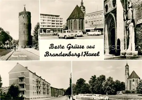 AK / Ansichtskarte Brandenburg_Havel Plauer Torturm Marktplatz Der Roland Kirche Fahrgastschiff Brandenburg Havel