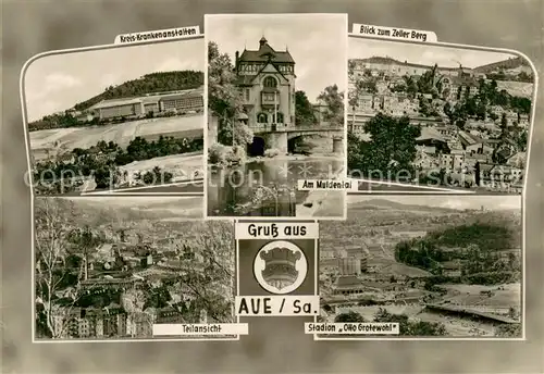 AK / Ansichtskarte Aue_Erzgebirge Kreis Krankenanstalten Zeller Berg Muldental Teilansicht Stadion Otto Grotewohl Aue_Erzgebirge