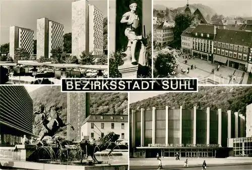 AK / Ansichtskarte Suhl_Thueringer_Wald Hochhaeuser Markt Denkmal Stadthalle der Freunschaft Suhl_Thueringer_Wald