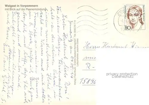 AK / Ansichtskarte Wolgast_Mecklenburg Vorpommern Fliegeraufnahme mit Blick auf die Peenemuendung Wolgast