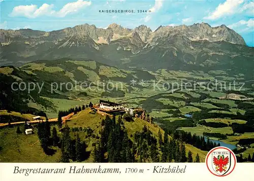 AK / Ansichtskarte Kitzbuehel_Tirol Bergrestaurant Hahnenkamm mit Kaisergebirge Fliegeraufnahme Kitzbuehel Tirol