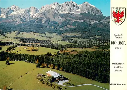 AK / Ansichtskarte Oberndorf_Tirol Gasthof Pension Bichlhof mit Kaisergebirge Fliegeraufnahme Oberndorf Tirol