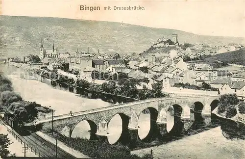 AK / Ansichtskarte Bingen_Rhein Gesamtansicht m. Drususbruecke Dampflok Bingen Rhein