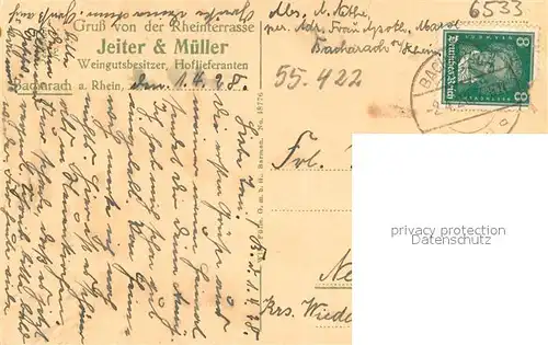 AK / Ansichtskarte Bacharach_Rhein Weinkellerei Jeiter u. Mueller Hoflieferanten Bacharach Rhein