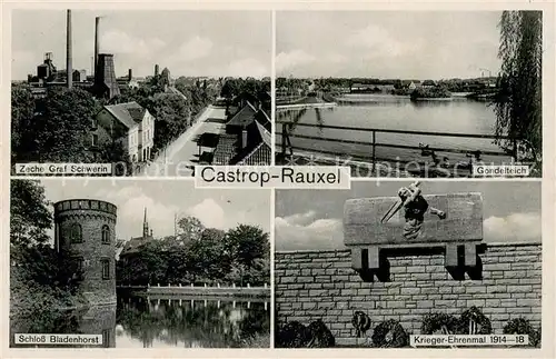 AK / Ansichtskarte Castrop Rauxel Zeche Graf Schwerin Gondelteich Krieger Ehrenmal Schloss Bladenhorst Castrop Rauxel