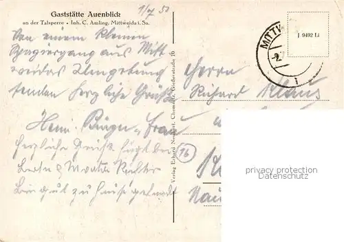 AK / Ansichtskarte Mittweida Gaststaette Auenblick Landschaftspanorama Talsperre Mittweida