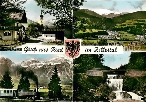 AK / Ansichtskarte Ried_Zillertal Kirche Panorama Eisenbahn Bruecke Wasserfall Ried_Zillertal