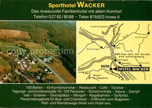 AK / Ansichtskarte Bruen_Wenden Sporthotel Wacker Landkarte Fliegeraufnahme Bruen Wenden