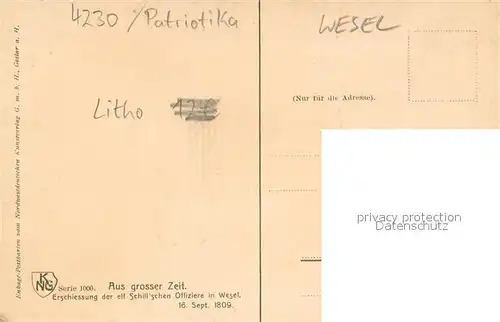 AK / Ansichtskarte Wesel_Rhein Erschiessung d. Schillschen Offiziere Patriotika Wesel Rhein