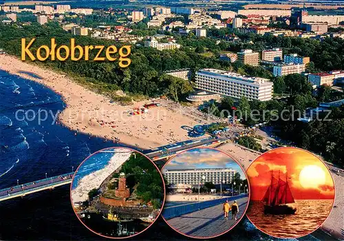 AK / Ansichtskarte Kolobrzeg_Kolberg_Ostseebad Fliegeraufnahme Leuchtturm Promenade Segelschiff 