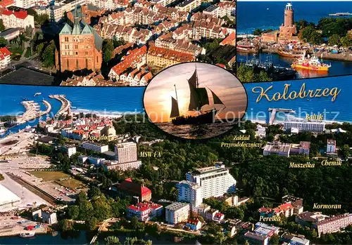 AK / Ansichtskarte Kolobrzeg_Kolberg_Ostseebad Fliegeraufnahmen Leuchtturm Segelschiff 