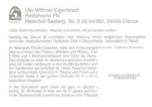 AK / Ansichtskarte Clenze Reiterhof Seelwig Stuten mit Fohlen Ausritte Gaststube Clenze