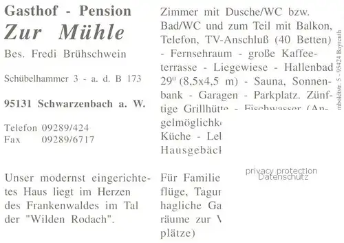 AK / Ansichtskarte Schwarzenbach_Wald Gasthof Pension zur Muehle Gastraeume Panorama Schwarzenbach Wald