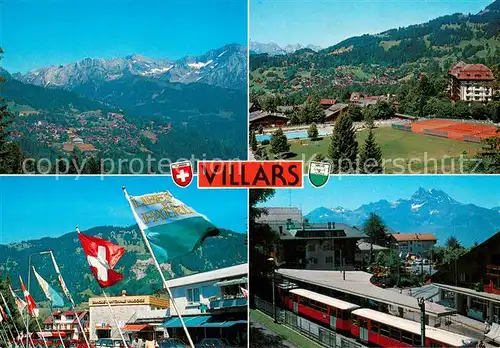 AK / Ansichtskarte Villars_Chesieres Panorama Tennisplatz Fahnen Eisenbahn Villars_Chesieres