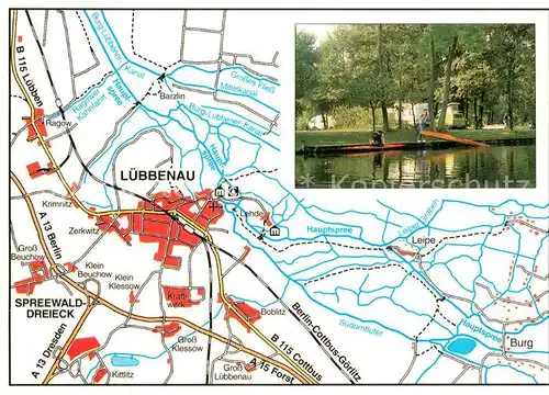 AK / Ansichtskarte Luebbenau_Spreewald Gebietskarte Bootspartie Spreewaldcamping Am Schlosspark Luebbenau Spreewald
