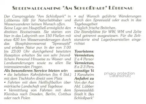 AK / Ansichtskarte Luebbenau_Spreewald Gebietskarte Bootspartie Spreewaldcamping Am Schlosspark Luebbenau Spreewald