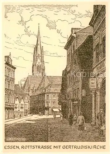 AK / Ansichtskarte Essen__Ruhr Rottstrasse mit Gertrudiskirche Zeichnung 