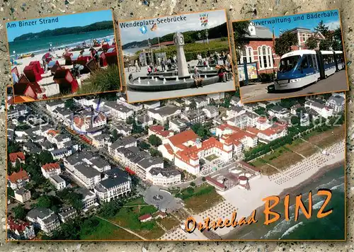 AK / Ansichtskarte Binz_Ruegen Fliegeraufnahme Binzer Strand Wendeplatz Seebruecke Kurverwaltung und Baederbahn Binz_Ruegen