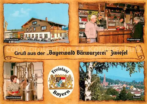 AK / Ansichtskarte Zwiesel__Niederbayern Baerwurzerei Probierstube Destillierblase Ortsansicht 