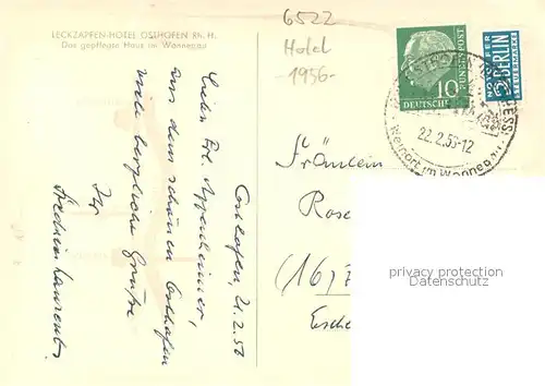 AK / Ansichtskarte Osthofen_Rheinhessen Leckzapfen Hotel Aussenansicht Osthofen_Rheinhessen