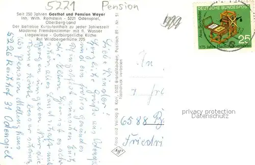 AK / Ansichtskarte Odenspiel Pension Rothstein Elbachtal Odenspiel