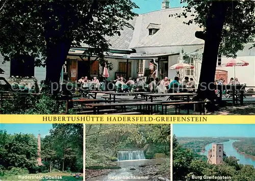 AK / Ansichtskarte Greifenstein_Niederoesterreich Hubertushuette Hadersfeld Terrasse Obelisk Hagenbachklamm Burg Greifenstein Greifenstein
