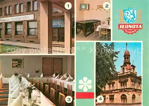 AK / Ansichtskarte Jednota Kulturni domy v Lidicich a v Hrebci pohosti zajezdy do Lidic v Kladne potom restaurace Delnicky Dum Jednota