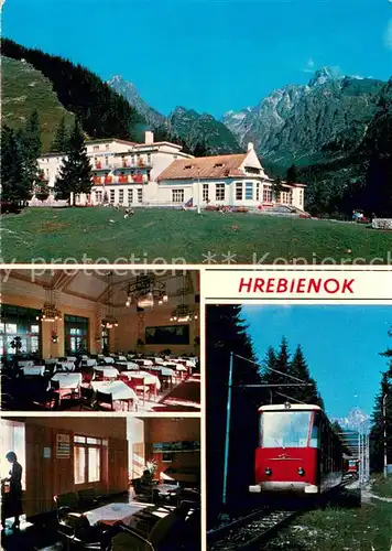 AK / Ansichtskarte Hrebienok_SK Stary Smokovec Zotavovna ROH Hrebienok v pozadi Prostredny a Lomnicky stit Jedalen Vstupna hala Pozemna lanovka na Hrebienok 