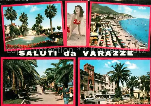AK / Ansichtskarte Varazze_Liguria_IT Fontana dei Giardini La Spiaggia Passeggiata sul longomare Palazzo del Comune 