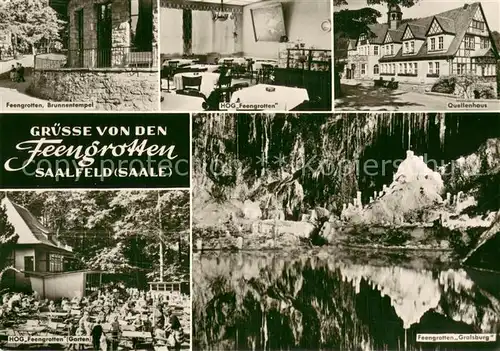 AK / Ansichtskarte Saalfeld_Saale Feengrotten Brunnentempel HO Gaststaette Gartenterrasse Quellenhaus Saalfeld_Saale