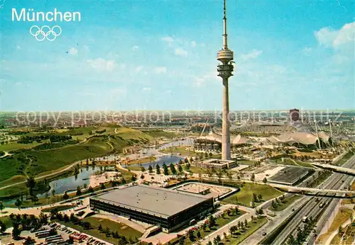 AK / Ansichtskarte Muenchen Olympiapark Olympiaturm Fliegeraufnahme Muenchen