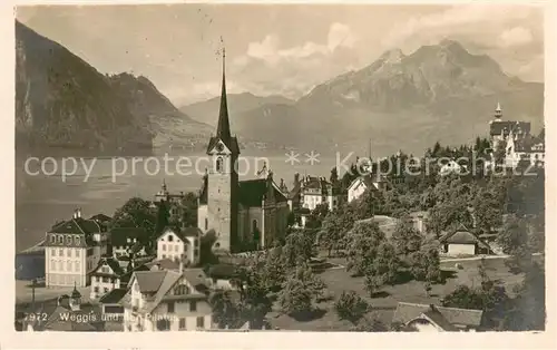 AK / Ansichtskarte Weggis_Vierwaldstaettersee Panorama mit Kirche und Pilatus Weggis_Vierwaldstaettersee