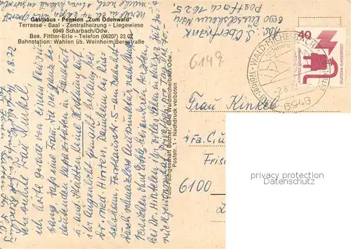 AK / Ansichtskarte Scharbach Gasthaus Pension Zum Odenwald Gastraeume Panorama Scharbach