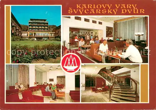 AK / Ansichtskarte Karlovy_Vary_Karlsbad Sanatorium Svycarsky dvur Gastraum Bar Aufenthaltsraum Treppenaufgang 