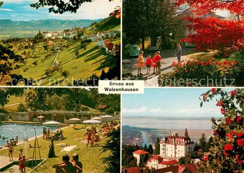 AK / Ansichtskarte Walzenhausen_AR Vorarlbergblick Kirchplatz Schwimmbad Kurhaus mit Rheineck und Bodensee Walzenhausen AR