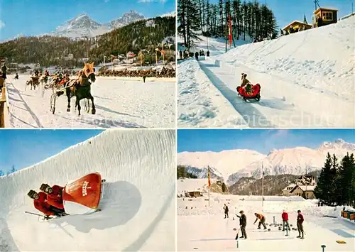 AK / Ansichtskarte Samedan Pferderennen Bobsleigh Skeleton Curling Samedan