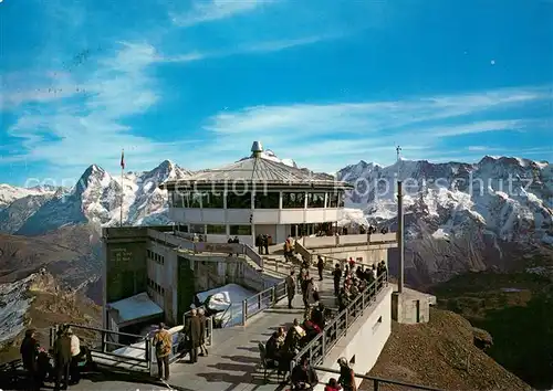 AK / Ansichtskarte Muerren_BE Schilthornbahn Muerrn Drehrestaurant Piz Gloria mit Eiger Moench und Jungfrau Muerren_BE