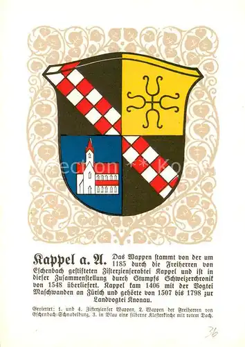 AK / Ansichtskarte Kappel_Albis Stadtwappen geviertelt Zisterzienser Wappen Wappen der Freiherren von Eschenbach Schnabelburg In Blau eine silberne Klosterkirche mit rotem Dach Kappel Albis