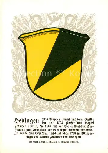 AK / Ansichtskarte Hedingen_ZH Stadtwappen In Gold gestuerzte schraeglinke schwarze Eckspitze 