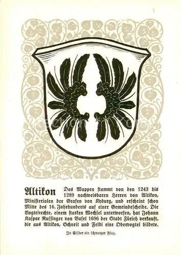 AK / Ansichtskarte Altikon_ZH Zuercher Gemeindewappen In Silber ein schwarzer Flug 